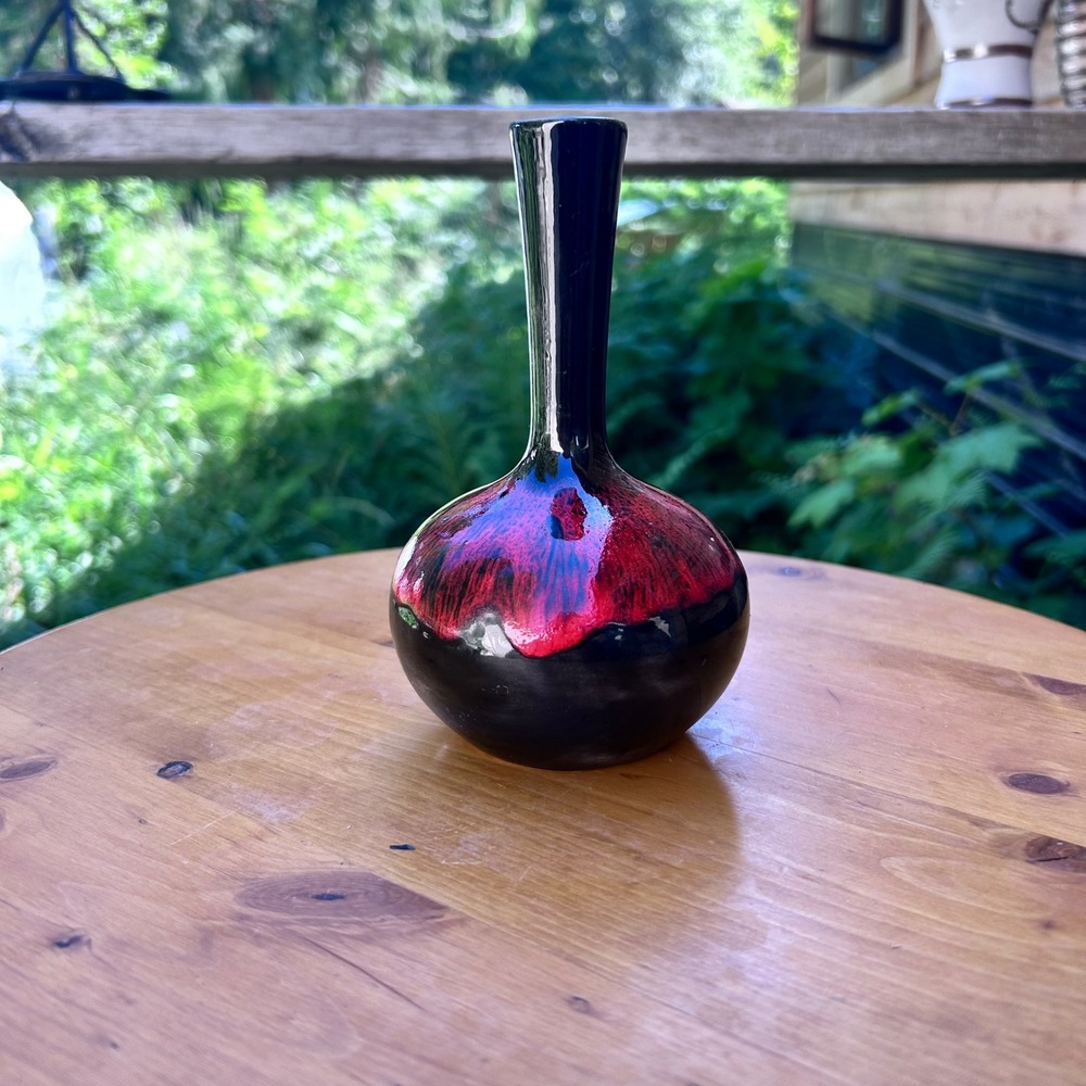 Vintage Red Lava Drip Glaze Ceramic Bud Vase Onion Long Neck MCM Signed JR